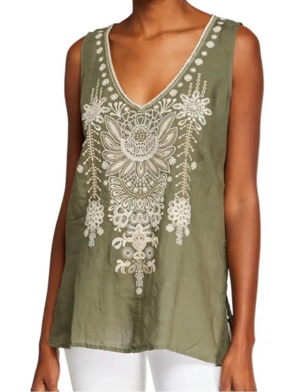 Johnny Was Olive Green Sleeveless Embroidered V-Neck Camisole